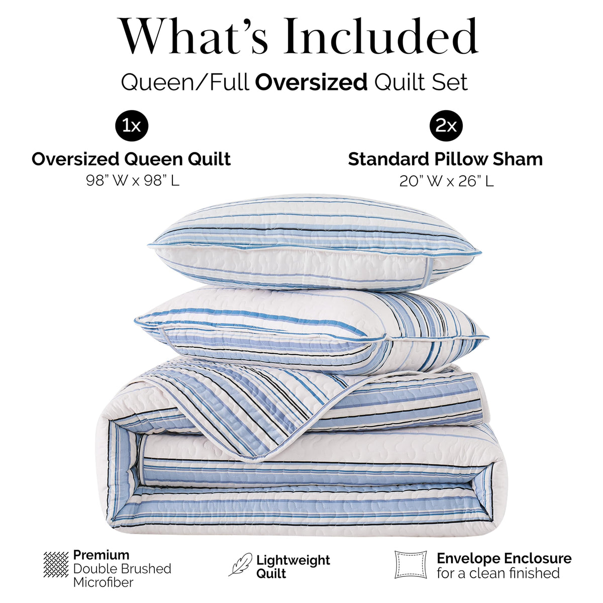Oversized Quilt Set w/ 2 Quilted Pillow Shams, Blue Stripes Quilts