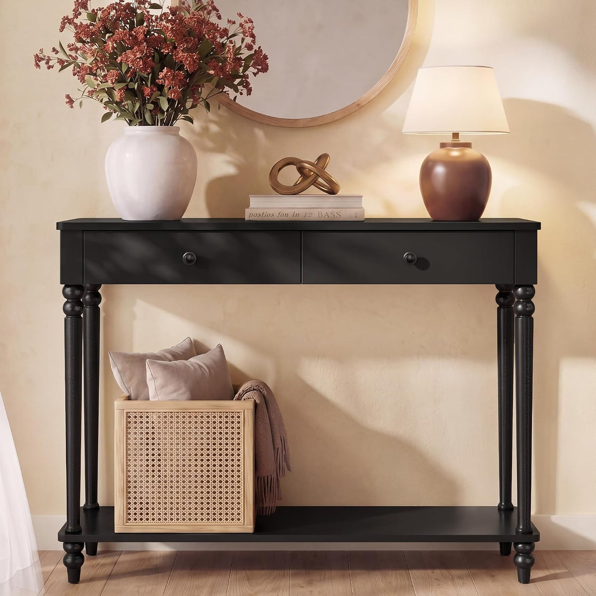 Half-Round Solid Wood Console Table in Dark Chocolate, Farmhouse Style