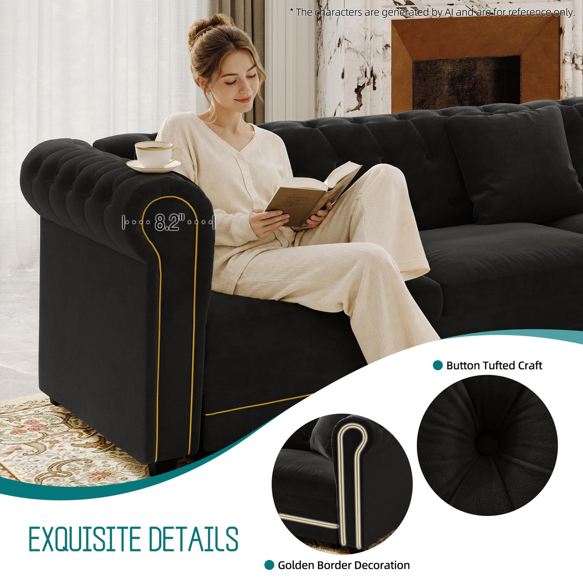 Sectional Sleeper Sofa, 115.3" L-Shaped Couch with Pull Out Couch, Black