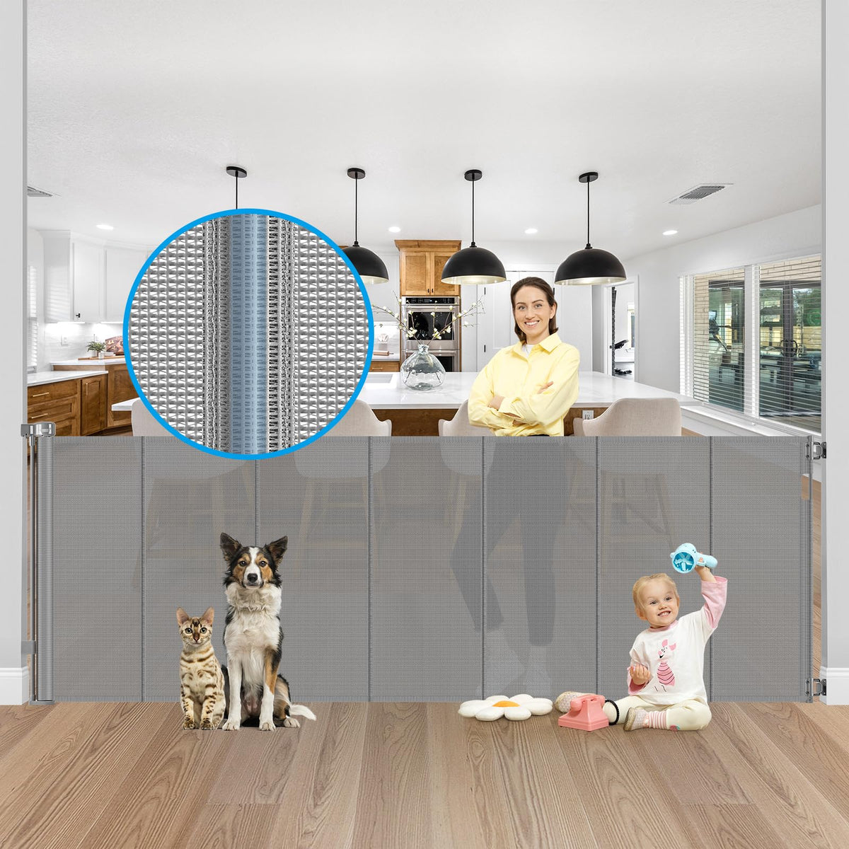 Reinforced 42" Extra Tall X 120" Extra Wide Retractable Dog Gate for Doorways Wide Pet Gate Indoor Prevent Kid/Pet