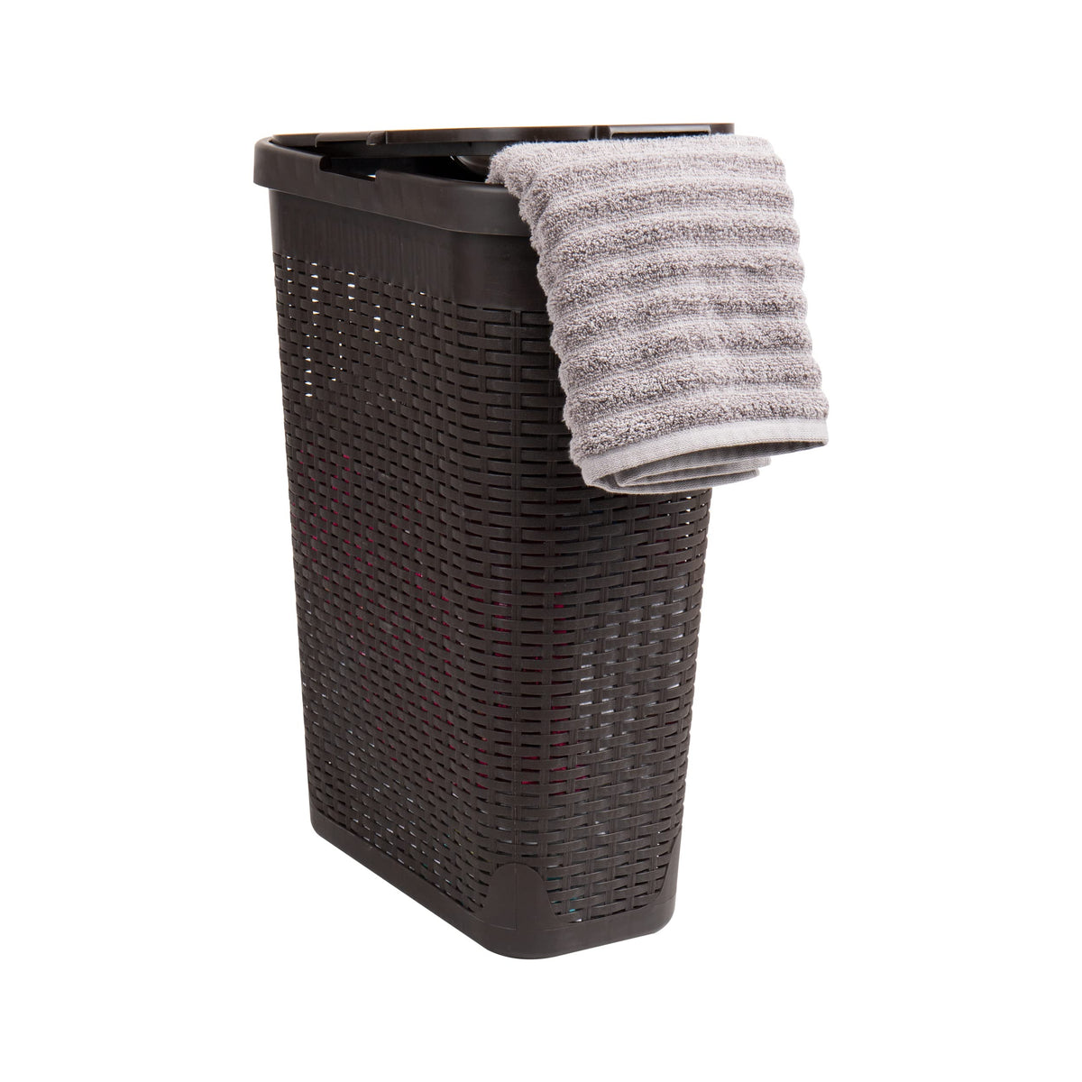 Slim Laundry Hamper with Lid, 40L Clothes Basket, Narrow Tapered Design with Ventilated Cutout Pattern, Plastic, Brown