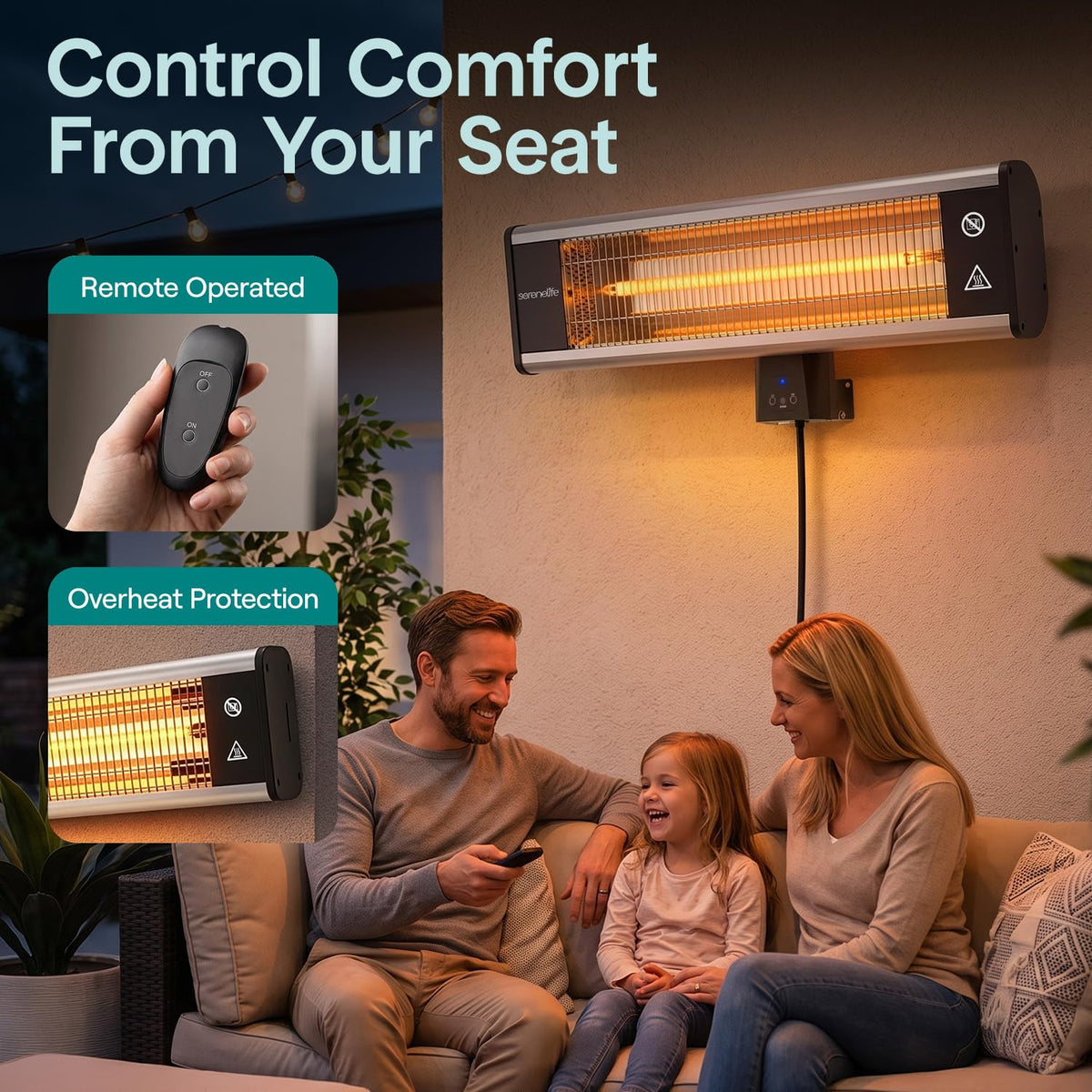 Infrared Patio Heater, Wall-Mounted Electric Heater with Remote Control, 1500W, IP65 Approved, Odorless