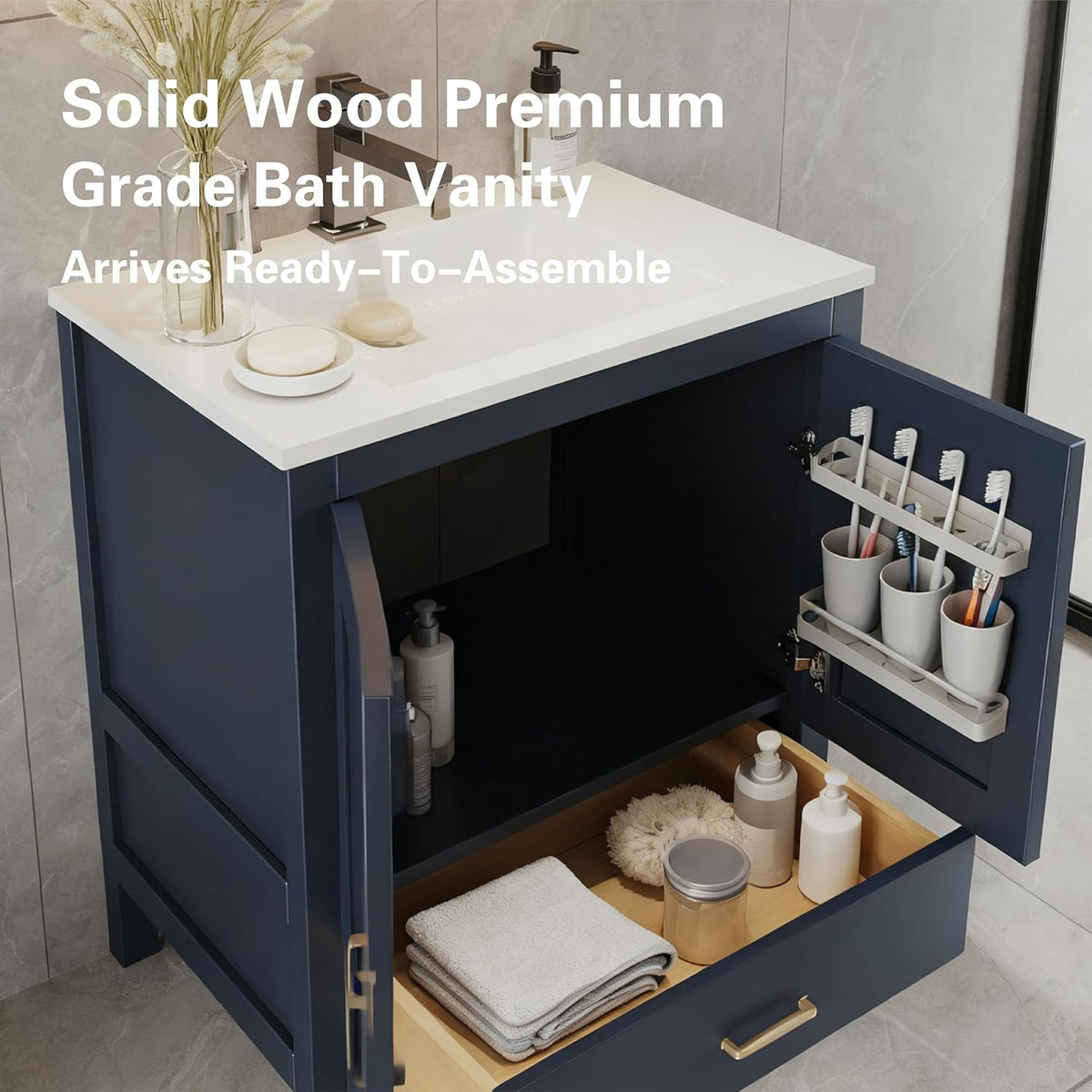 30 Inch Blue Freestanding Bathroom Vanity Sink Base Cabinet Without Top with Bottom Drawer / Handler -- 30-inch-blue-freestanding-bathroom-vanity-sink-base-cabinet-bottom-drawer