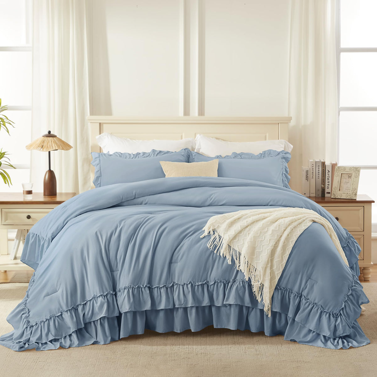 Grayish Blue Ruffle Comforter Set, 3 Pieces Solid Bedding