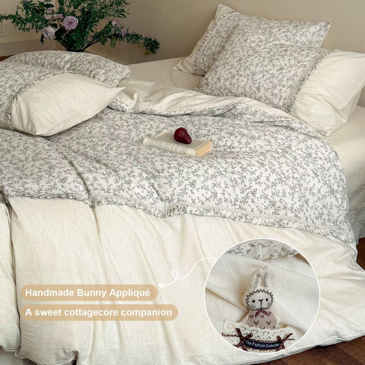 Floral Duvet Cover with 2 Pillowcases, 80"×90", Cotton Linen