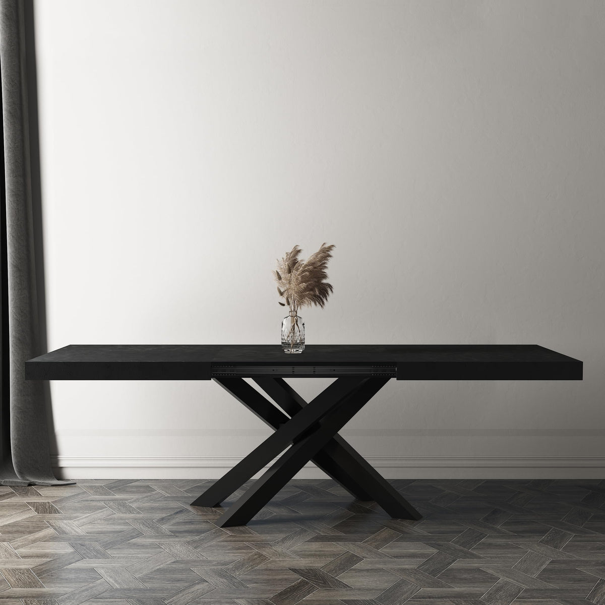 Emma 63(94.5) x35.4 in in, Extendable Dining Table, Concrete Effect, Black with Black Crossed Legs, Made in Italy