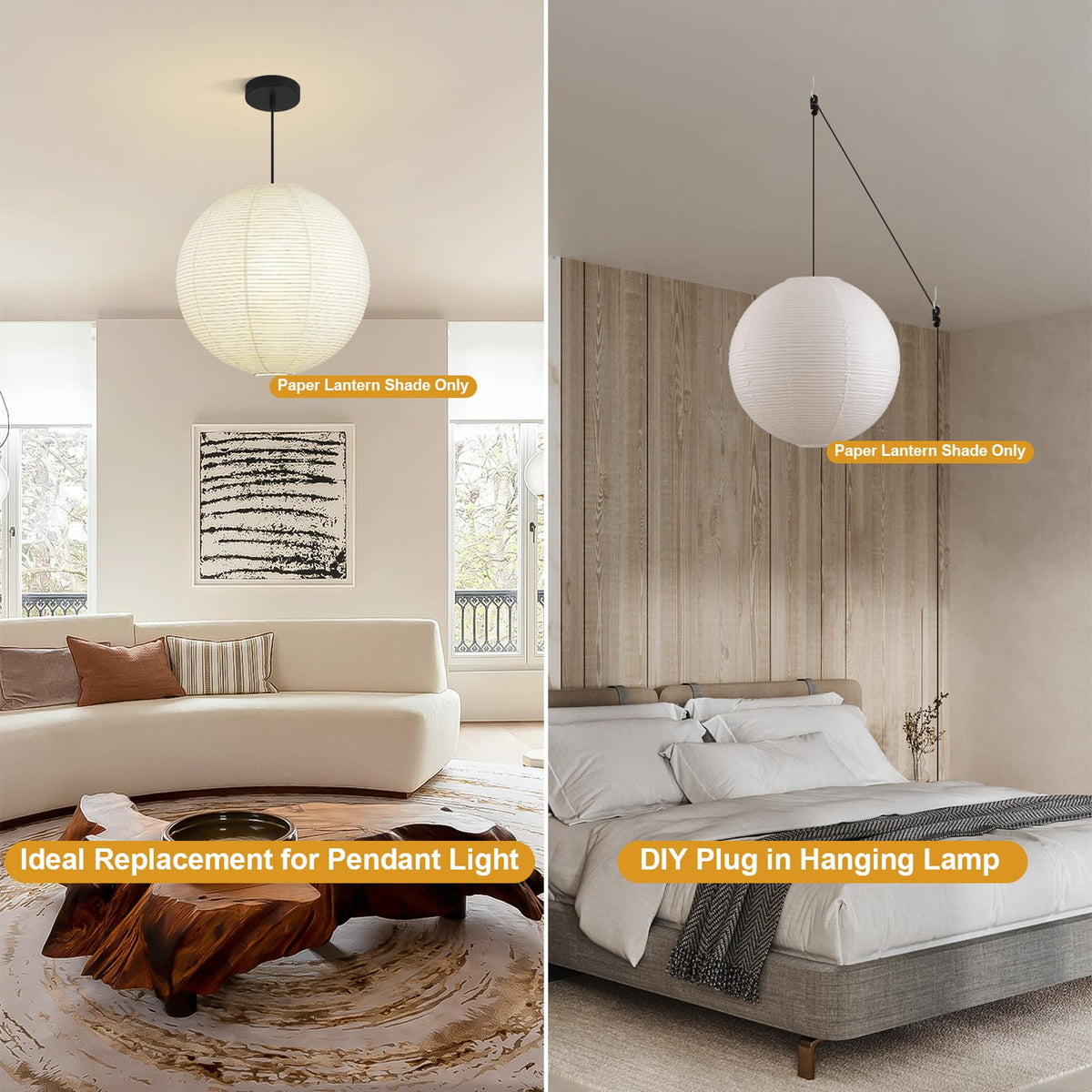 Inspired Noguchi Style Large Paper Lantern Lamp Shade, 23.6in White Round Lampshade Only