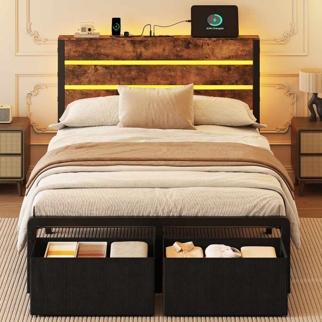 Bed Frame with Charging Station & LED Lights, Vintage Brown