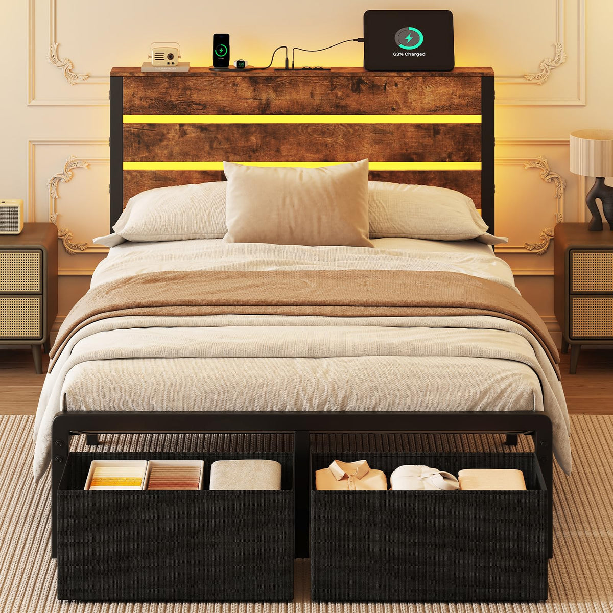 Bed Frame with Charging Station & LED Lights, Vintage Brown