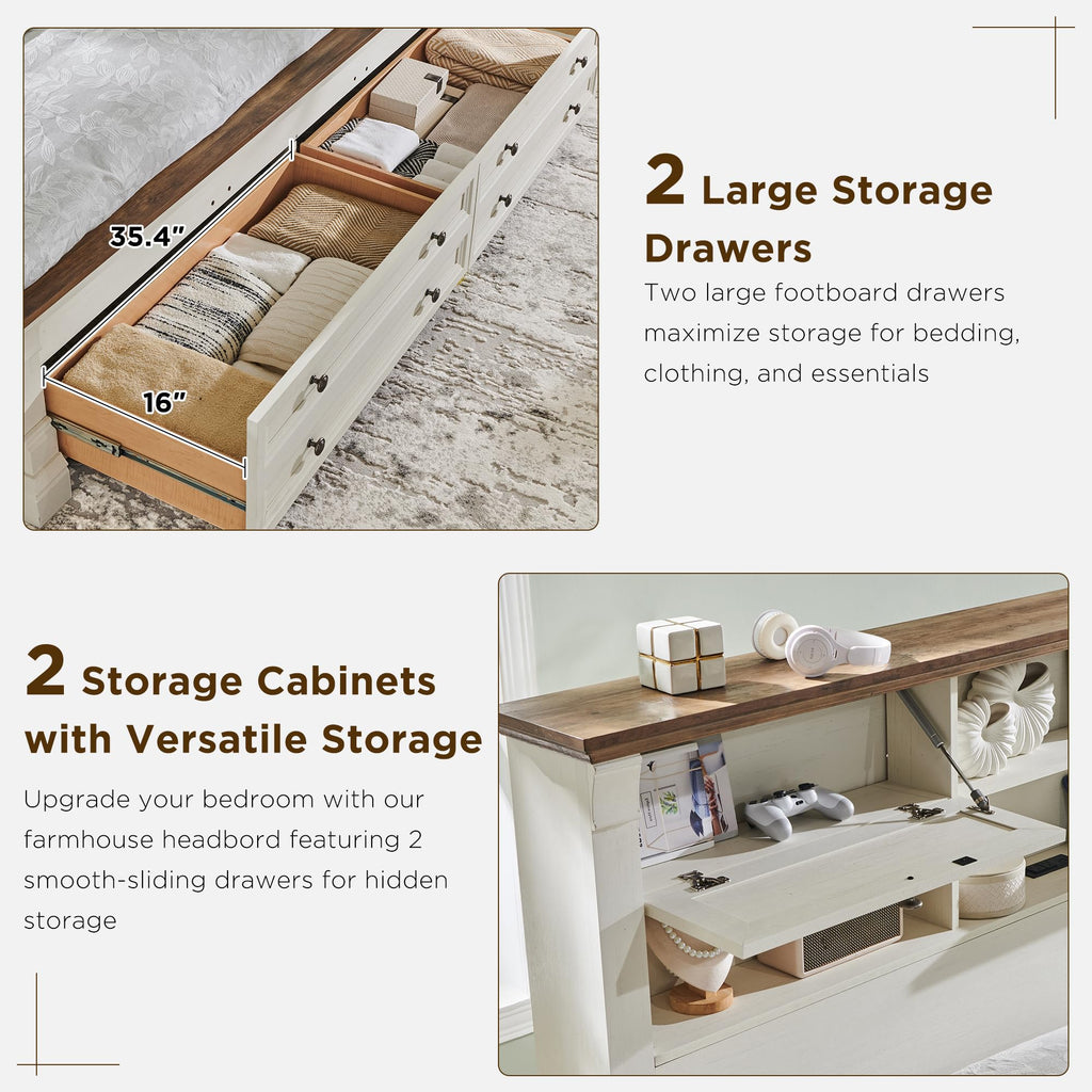 Farmhouse Bed Frame with 2 Drawers & 4 Bookcases On The Headboard