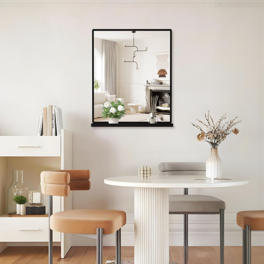 Bathroom Mirror with Shelf, Black Rectangle Wall Mirror Metal Frame, Hanging Horizontal or Vertical (24'' X 20'')