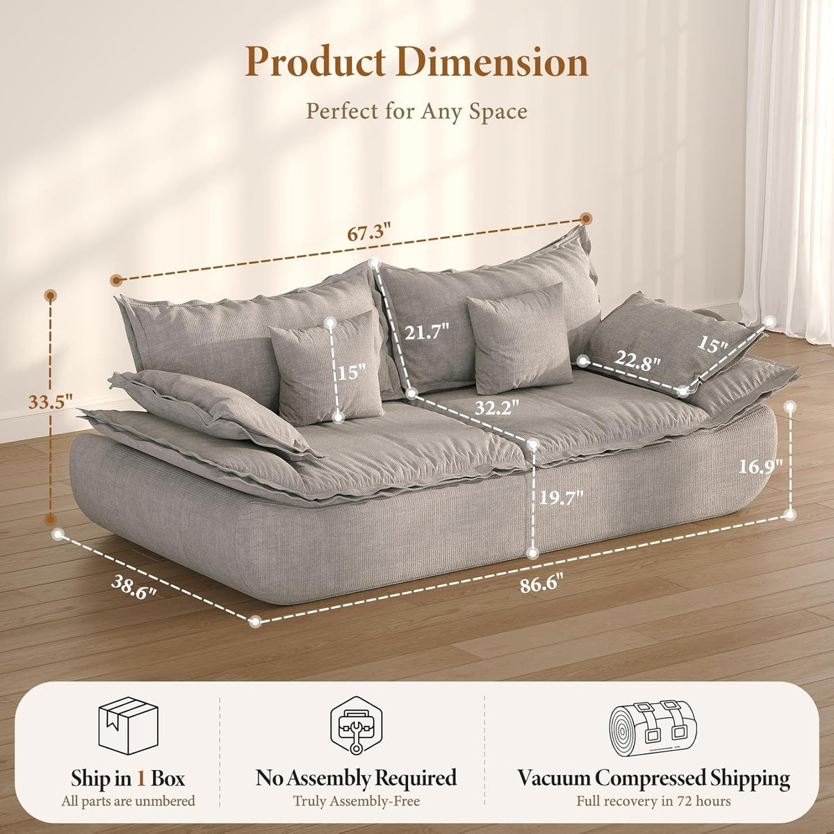 86.6" Cloud Couch for Living Room, Modern 3 Seater Sailboat Sofa with Deep Seat