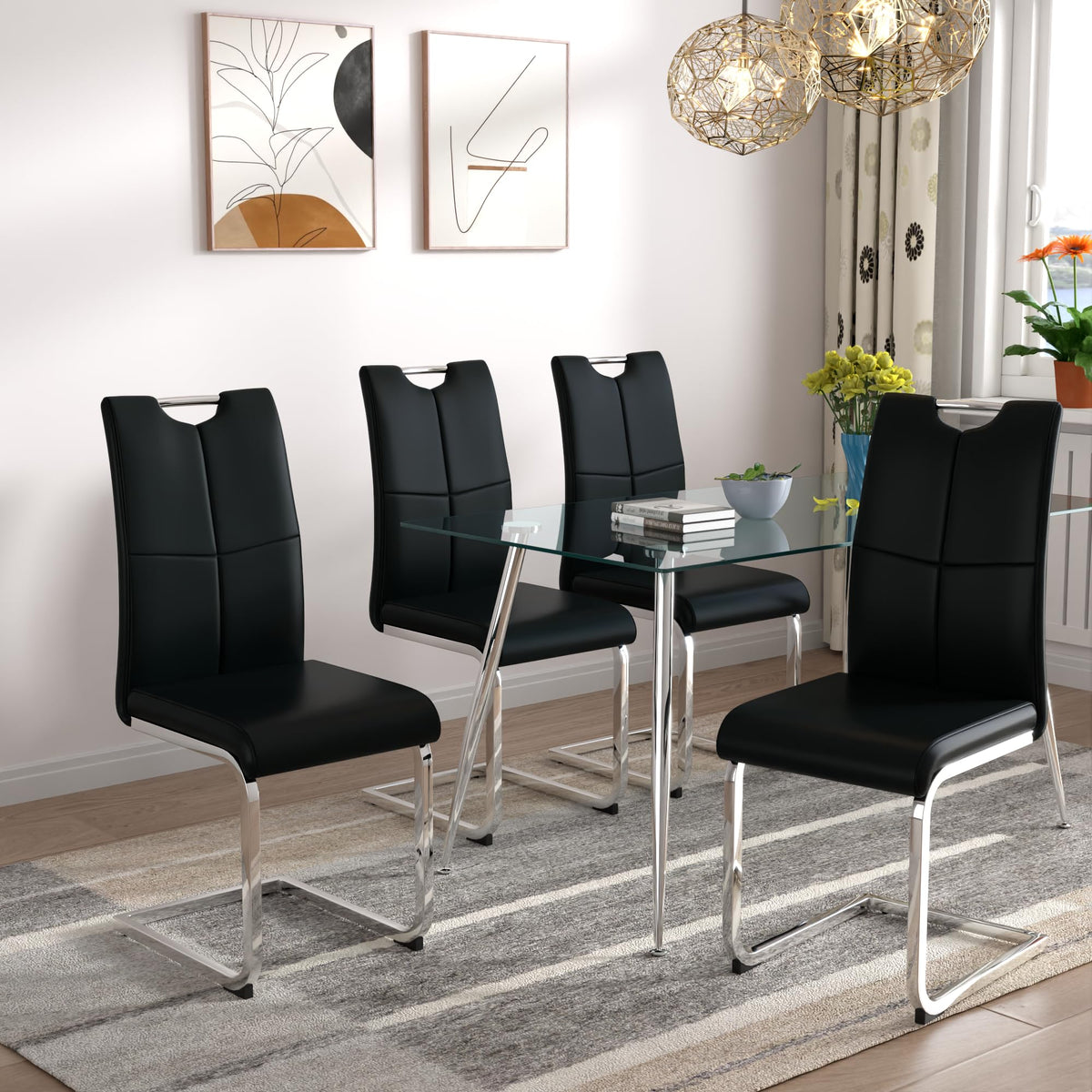 Modern Dining Chairs Set of 4 PU Faux Leather High Back Upholstered Chairs with Silver Metal Legs Dining Room, Black