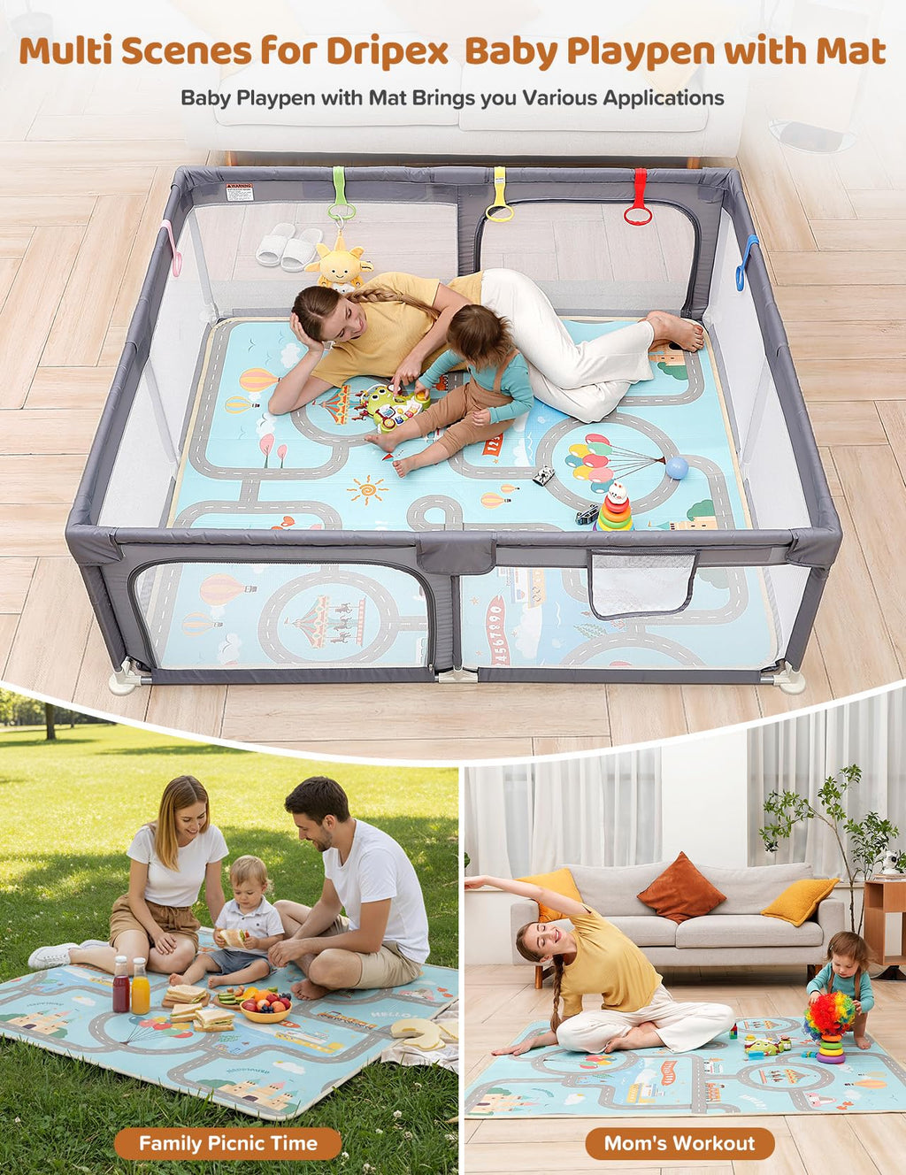 Baby Playpen, 71"x59" Play Pen for Babies, Grey