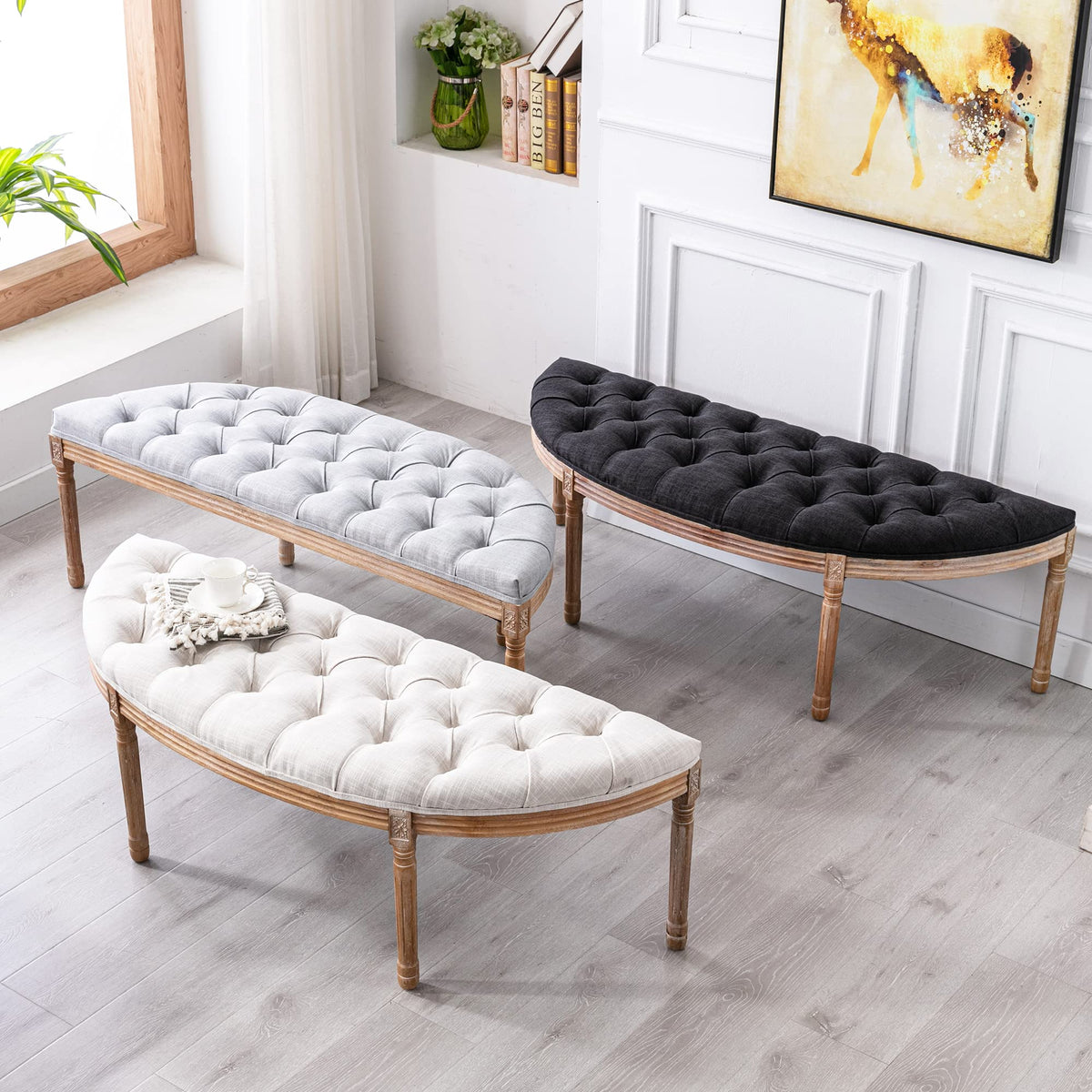 55" Halfmoon Entryway Bench Tufted Semi Circle Ottoman Bench Seat French Style Upholstered Bed End Bench for Foyer