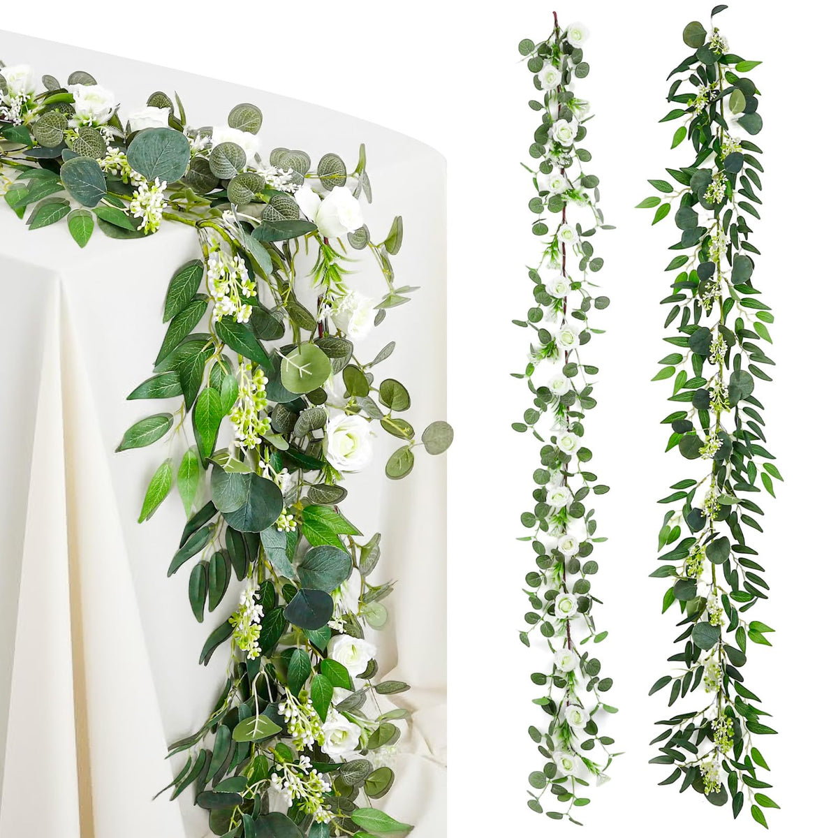 2 Pack Garland Set, 6 ft Artificial White Rose Eucalyptus Garland