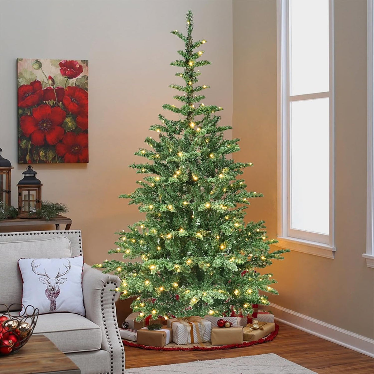 8FT Prelit Artificial Christmas Tree, Premium Douglas Fir Christmas Tree with 500 Warm White Lights & 1307 Branch