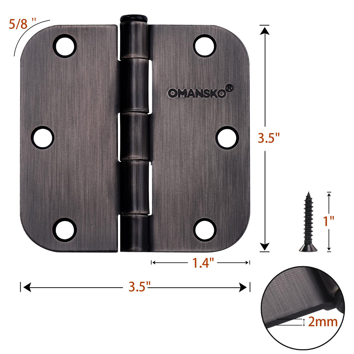 24 Pack Door Hinges, 3.5 x 3.5 Inch Oil Rubbed Bronze Hinges for Wood 5/8'' Radius Corners Interior Hinges, 3 1/2