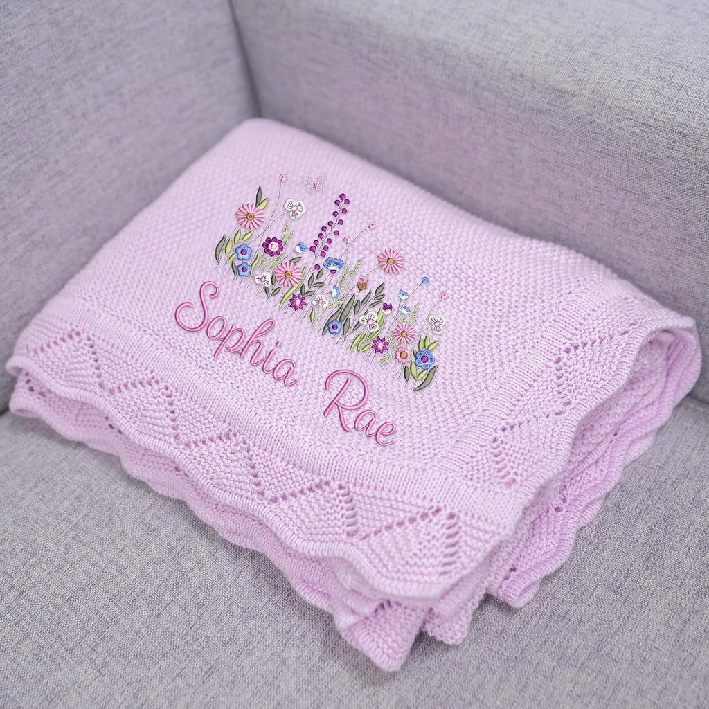 Wildflower Nursery Quilt Blanket with Ruffle Edge - Custom Embroidered Floral Name Blanket, Personalized Newborn Gift