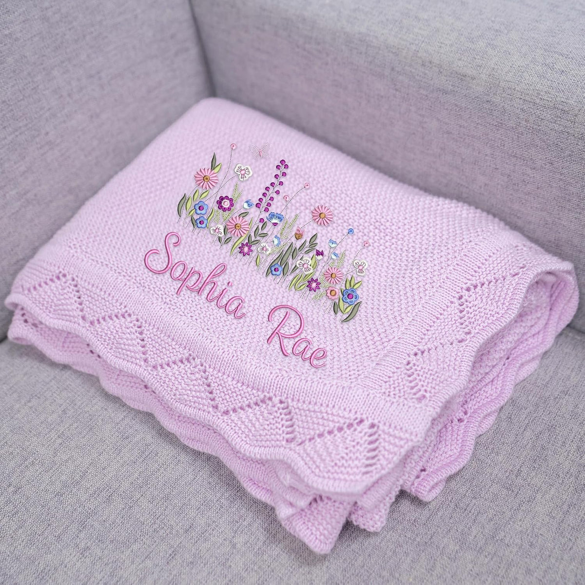 Wildflower Nursery Quilt Blanket with Ruffle Edge - Custom Embroidered Floral Name Blanket, Personalized Newborn Gift