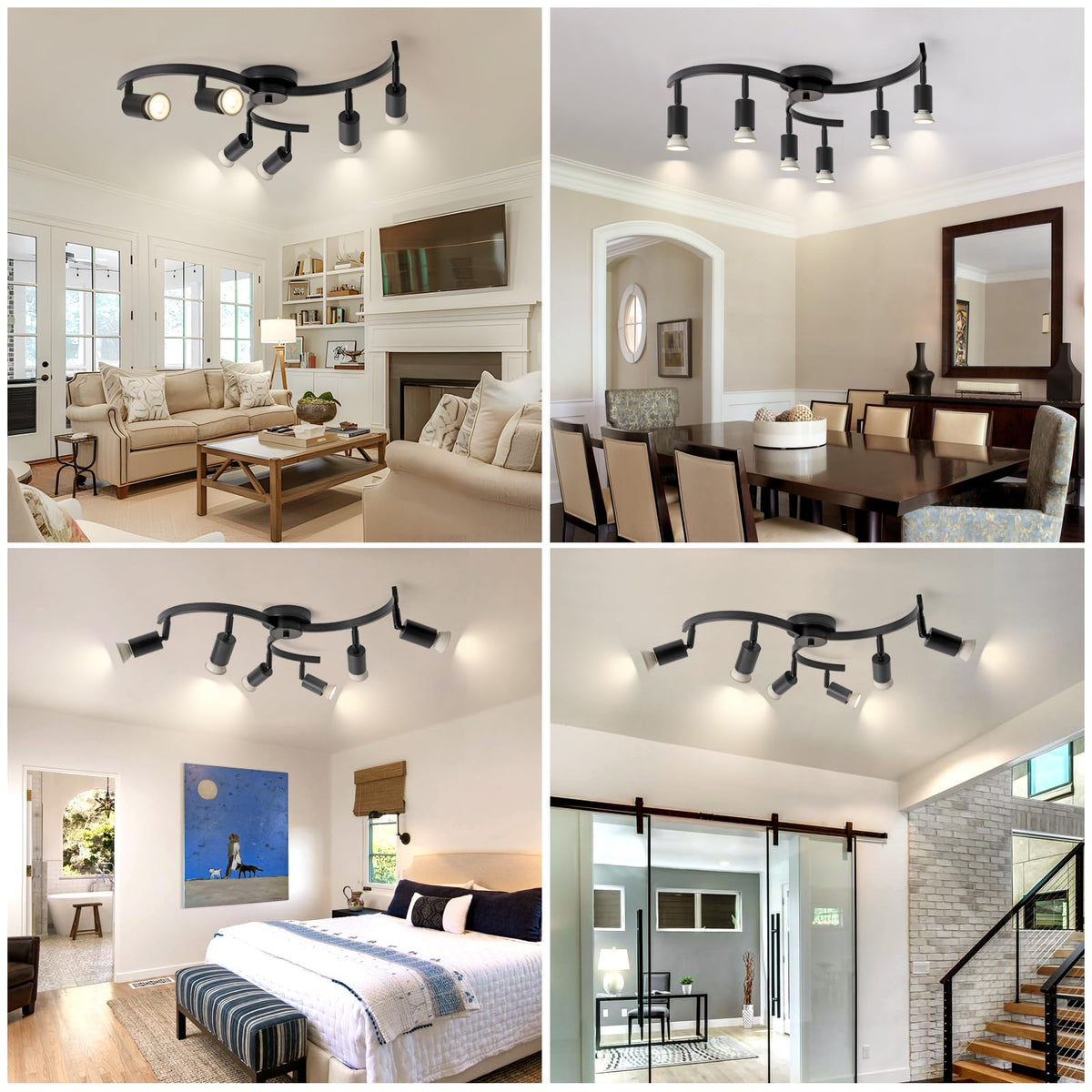 6 Light Track Lighting Fixtures Ceiling, Flexibly Rotatable Light Heads, Black Semi Flush Mount Ceiling Light Dining