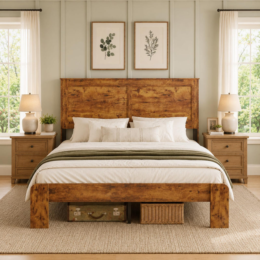 Bed Frame with Headboard, Farmhouse Wooden Bed Frame, Brown