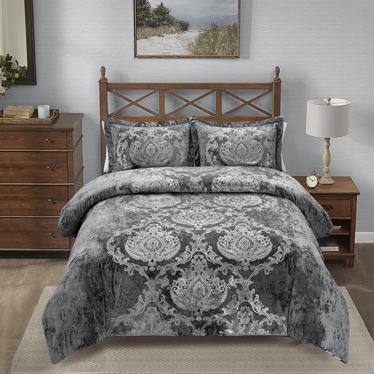 Metallic Print Comforter Set, Distressed Velvet Face with Metallic Foil Print and Brushed Solid Microfiber Reverse