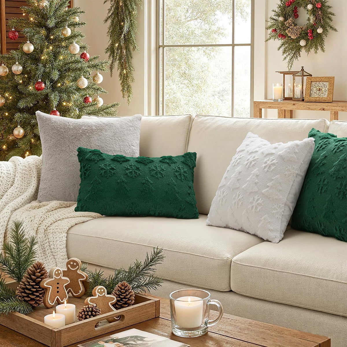 Christmas Decorations Pillow Covers 18x18 White Tree Snowflakes - Set of 2