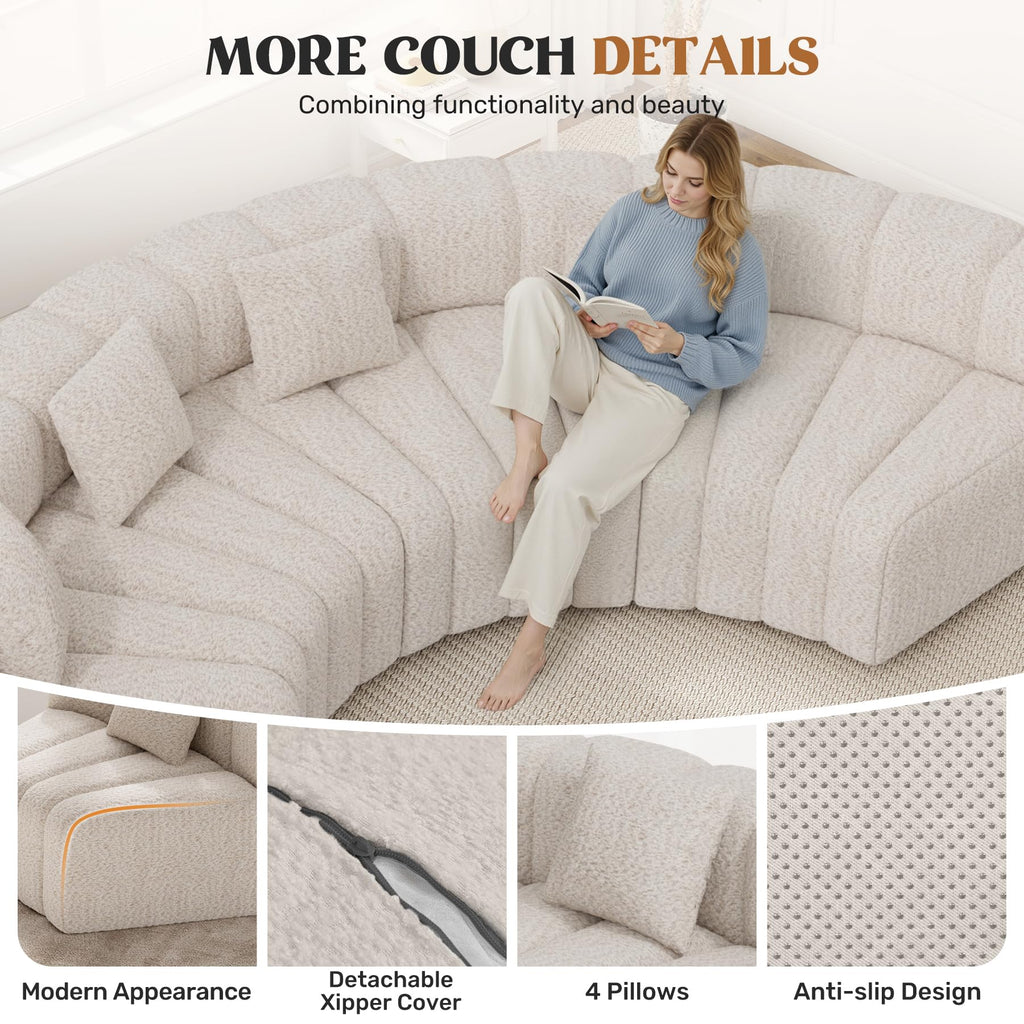 Oversized Curved Cloud Couch, 8 Seater Modern Round Modular Sectional Sofa, Convertible Boneless Couches, No