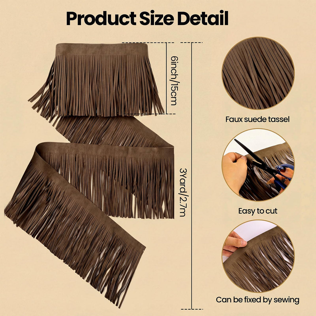 Faux Suede Fringe Trim 6Inch Double Side PU Leather Tassel Trim for DIY Sewing Dress Crafts Hats Bags Shoes - 3Yard