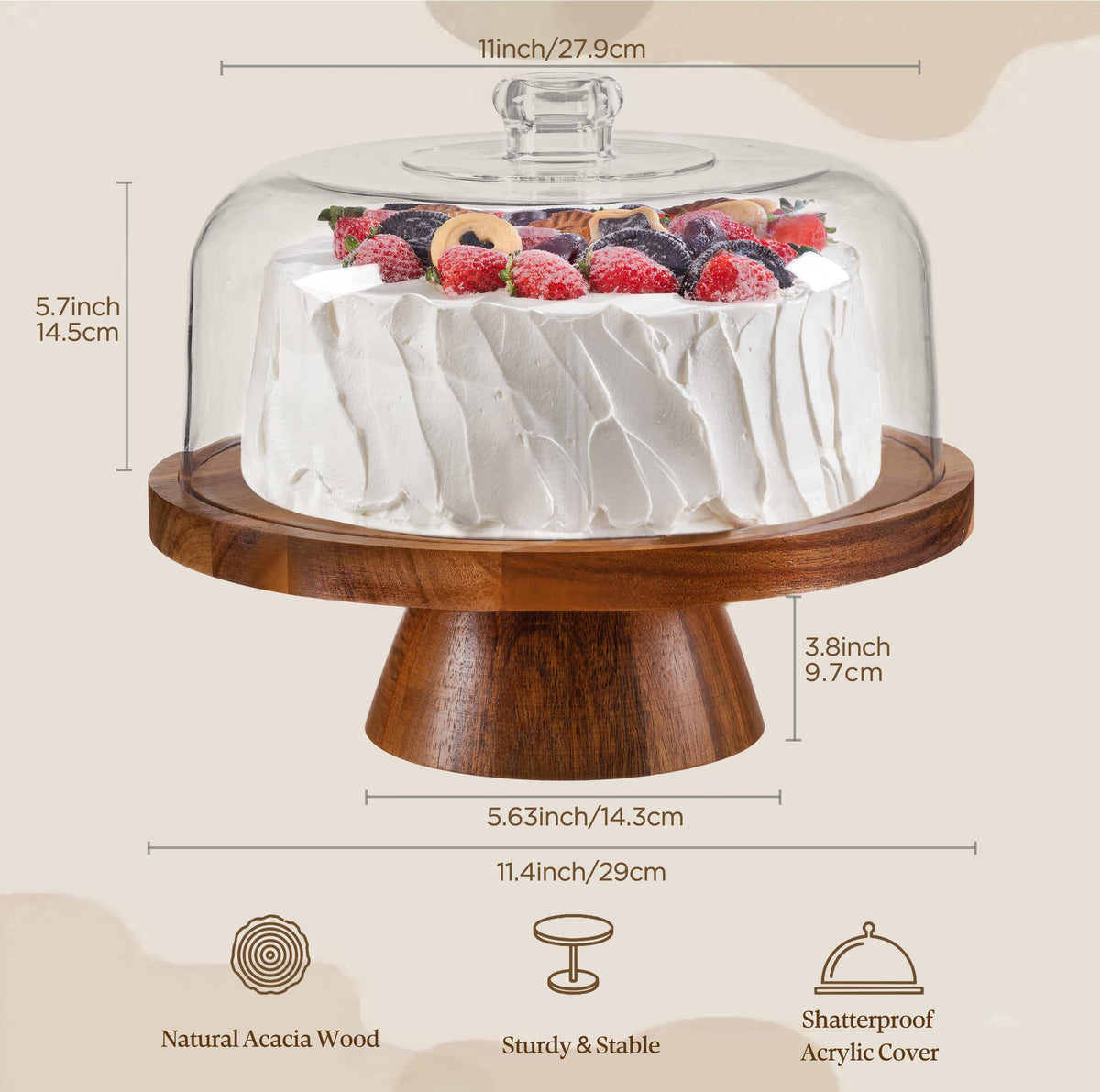 Cake Stand with Lid (11.4"), Multifunctional Cake Stand with Acrylic Dome, Acacia Wood 6-in-1 Cake Plate Display