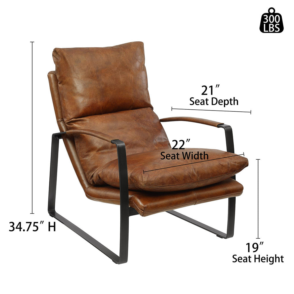 Genuine Leather Accent Chair, Mid Century Modern Living Room Chair Lounge Sofa Chair with Black Metal Frame, Cognac