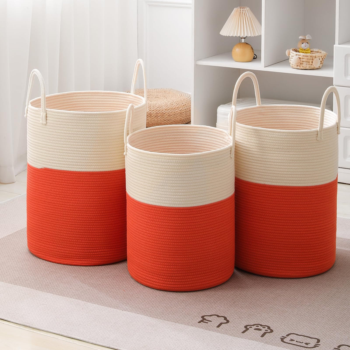 Woven Laundry Hamper Tall Rope Storage Basket for Blanket oys Dirty Clothes Bathroom Bedroom (White&Orange