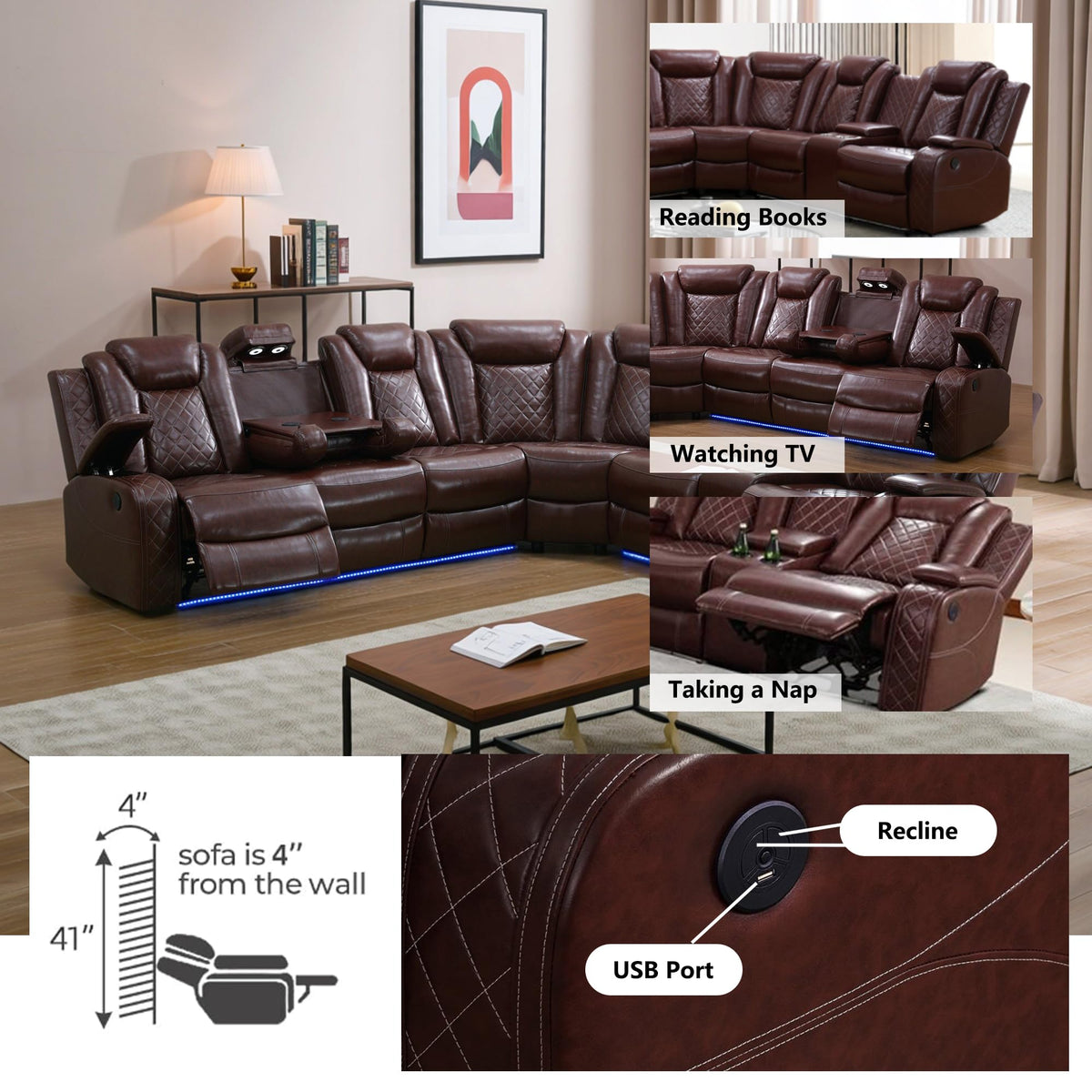 PU Leather Power Recliner Sectional, L-Shape Reclining Couch