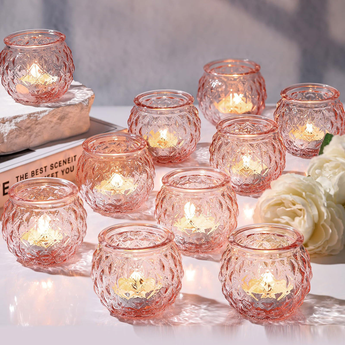 24 Pcs Pink Votive Candle Holders Round Glass Candle Holders Bulk