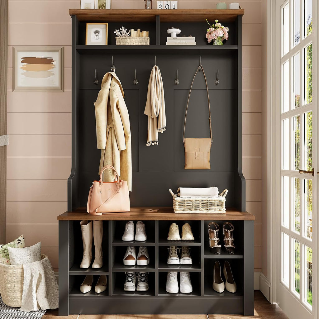 Hall Tree with Bench and Shoe Storage, 3-in-1 Entryway Bench with Coat Rack, Adjustable Shoe Storage and Hanging Hooks, Black