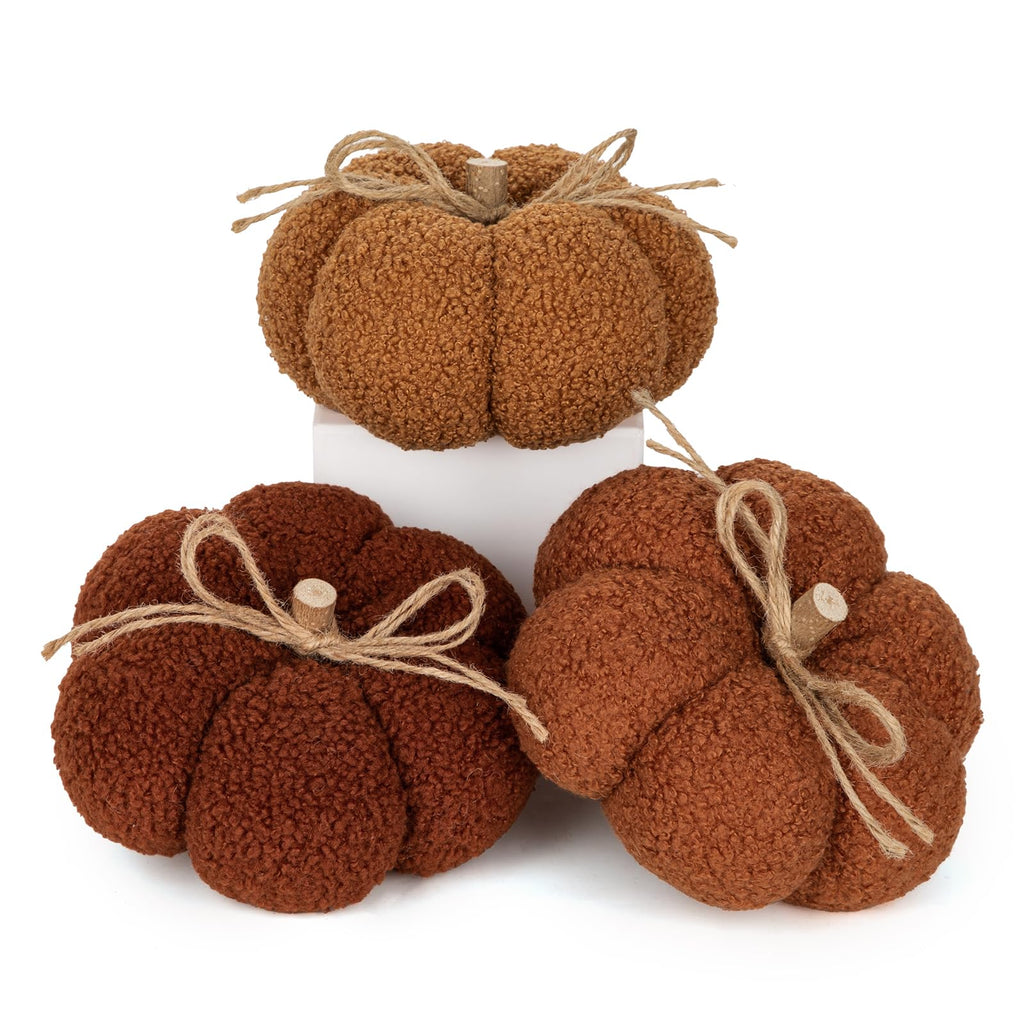 6" Fall Pumpkin Decorations, Mix Brown Artificial Fabric Pumpkins