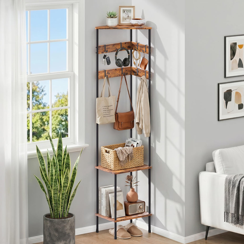 Corner Coat Rack Freestanding with Shelves and 8 Hooks, Rustic Brown