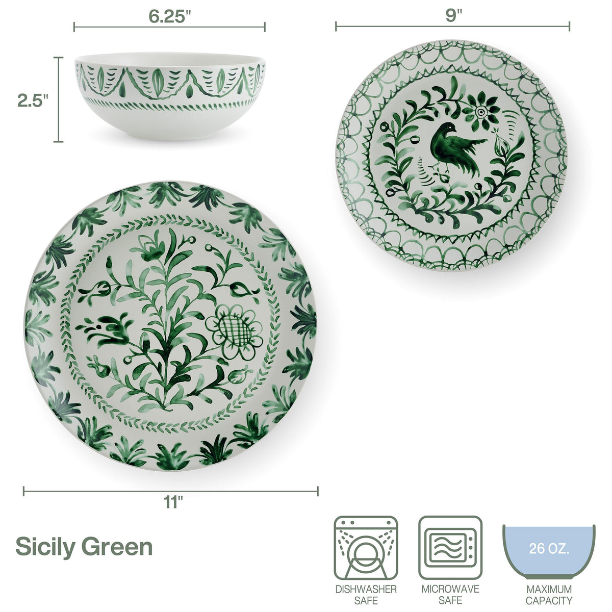 And Floyd Sicily Green 12-Piece Dinnerware Set - Stoneware Plates and Bowls Set for 4, Floral Green and White Dish
