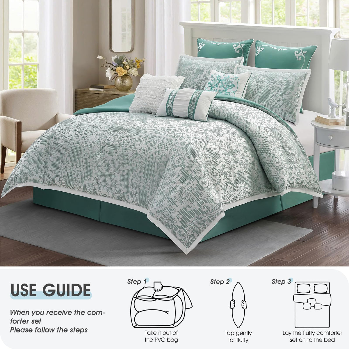9 Piece Comforter Set, Sage Jacquard Damask, Bed in a Bag, All Seasons Bedding with Shams, Euro Shams, Bed Skirt