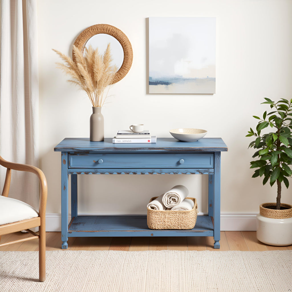 Country Cottage Console Table, Blue Antique, 42 Inch