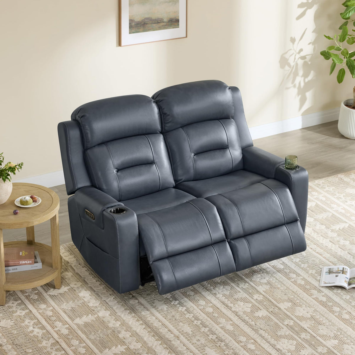 Genuine Leather Lay Flat Power Reclining Loveseat, Navy