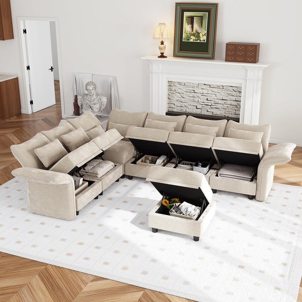 L Shaped Modular Sectional Sofa 7 Seater Sectional Couch with Storage Ottoman, Deep Sectional Sofas with Adjustable