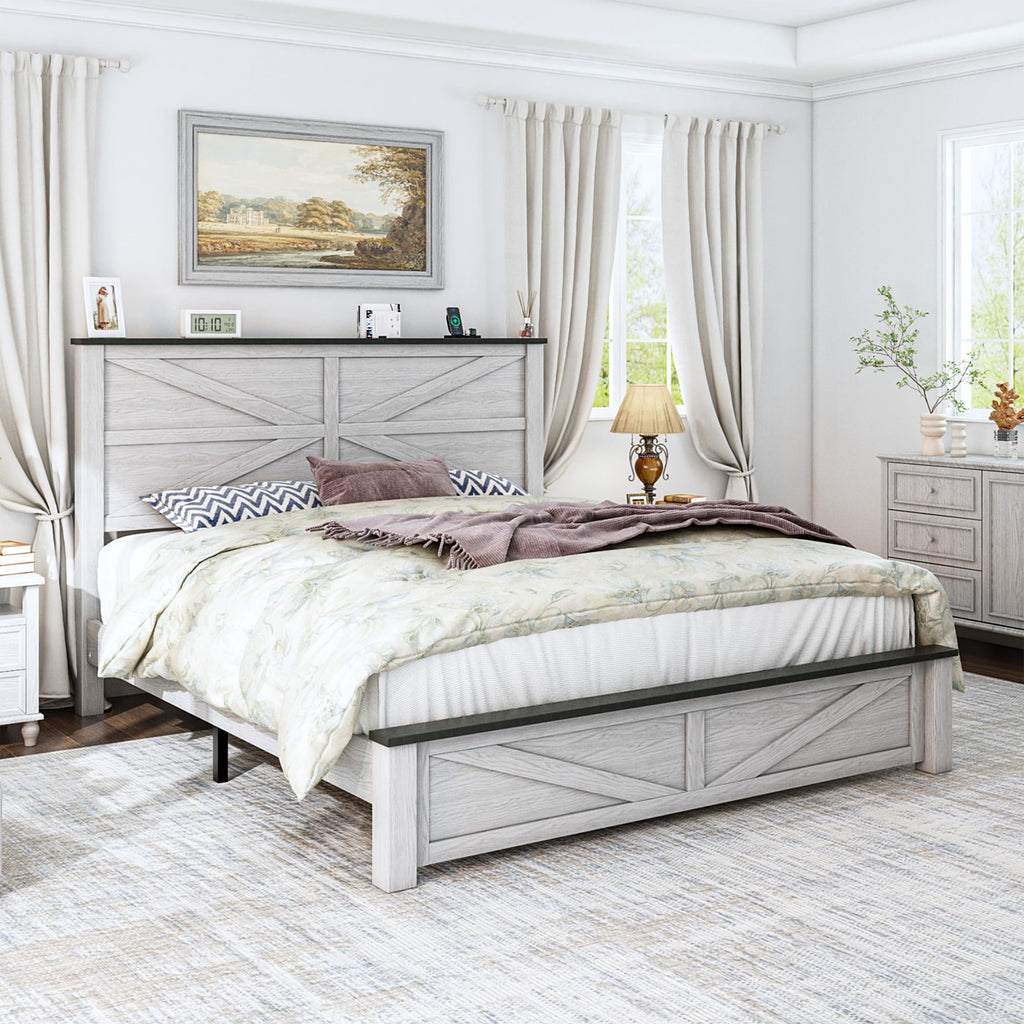 Farmhouse Wood Bed with Geometric Headboard White