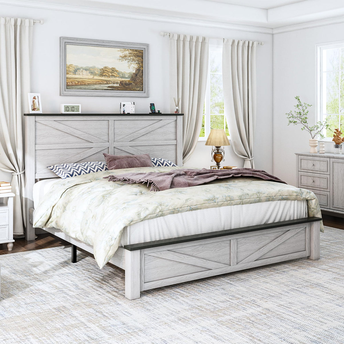Farmhouse Wood Bed with Geometric Headboard White
