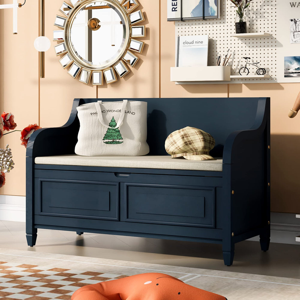 42 Inch Rustic Style Storage Bench, Antique Navy and Beige