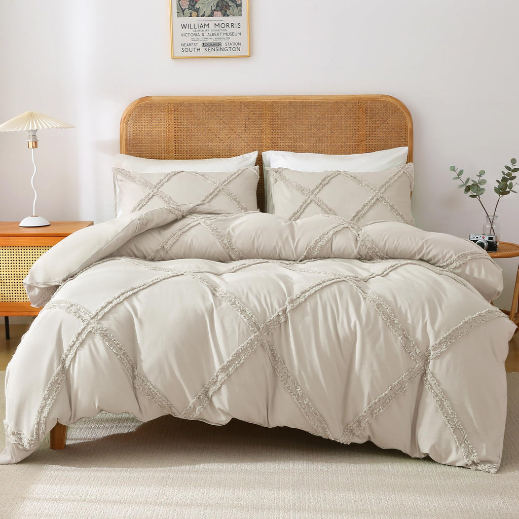 Boho Duvet Cover Beige - Tufted Comforter Cover Set Geometric Textured Jacquard King Size Bedding Set with Corner