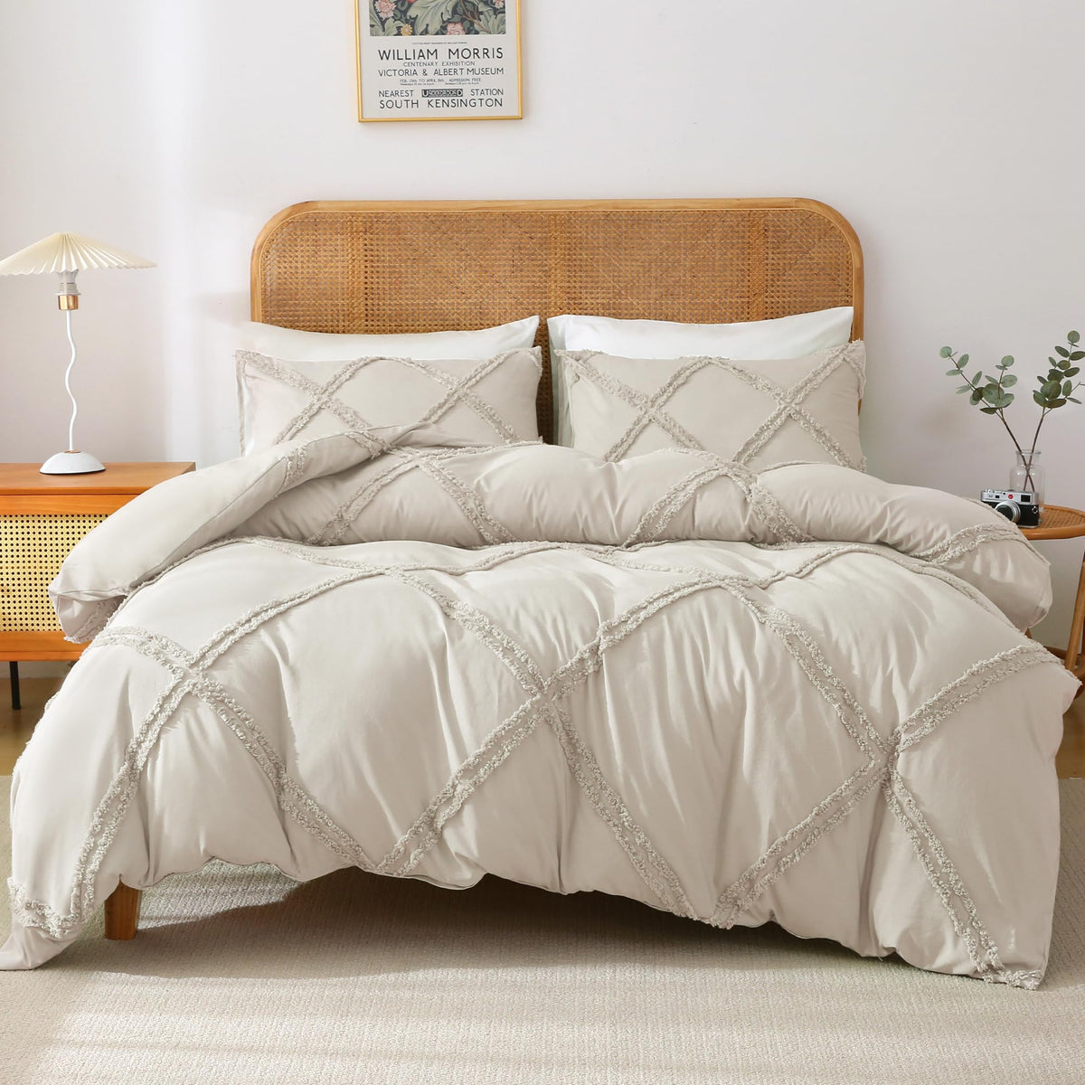 Boho Duvet Cover Beige - Tufted Comforter Cover Set Geometric Textured Jacquard King Size Bedding Set with Corner