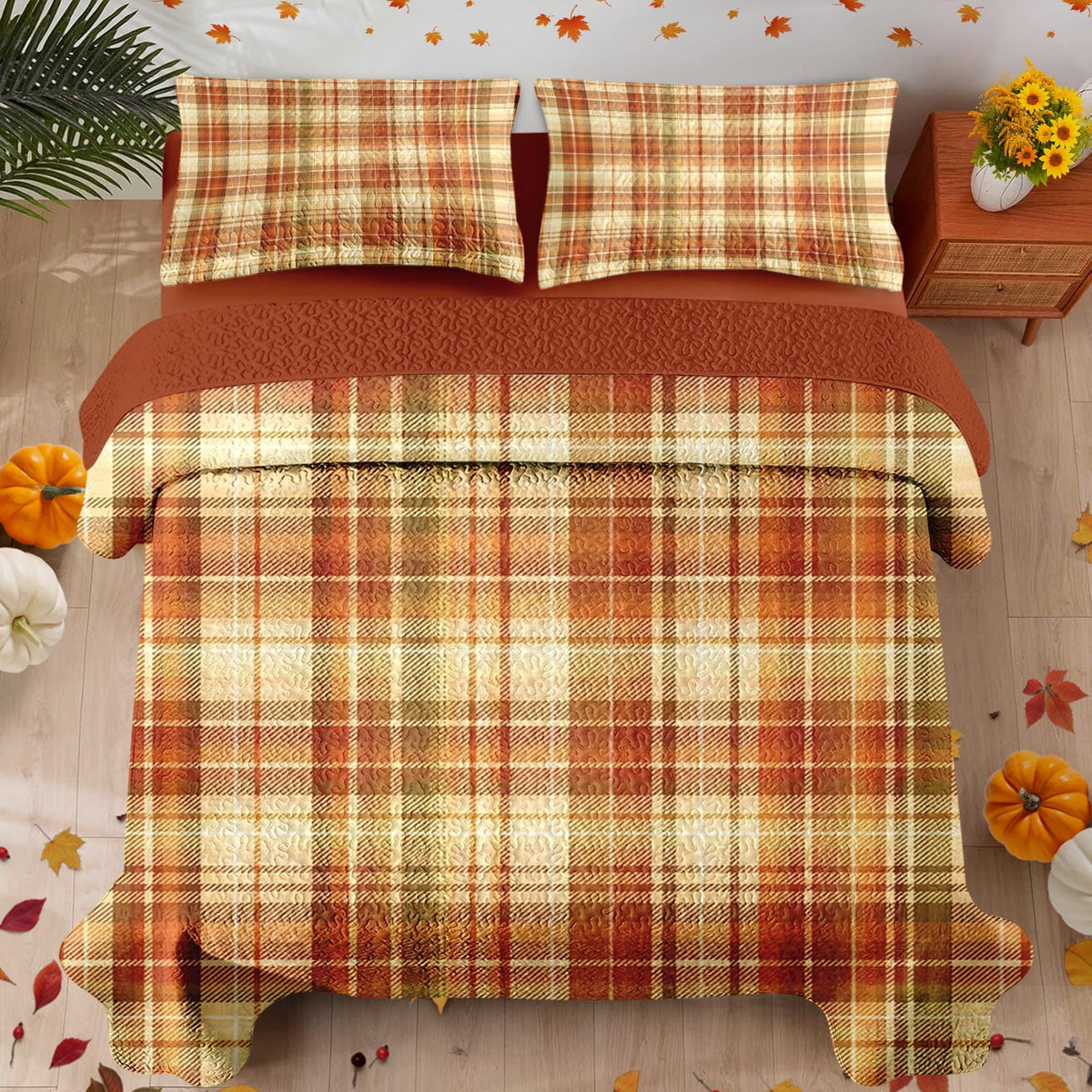 Fall Quilt Set, 3 Pieces Plaid Autumn Bedding, Bedspread