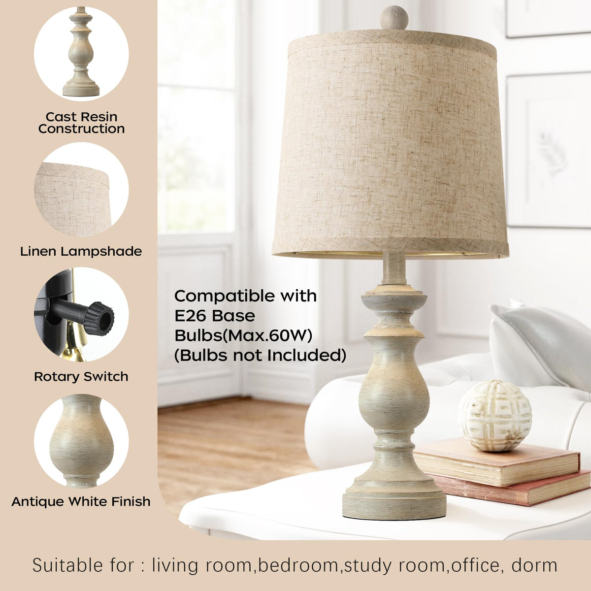 Traditional Table Lamp Set of 2, Rustic Farmhouse Table Lamps Bedroom, 22" Bedside Desk Lamps Vintage Nightstand